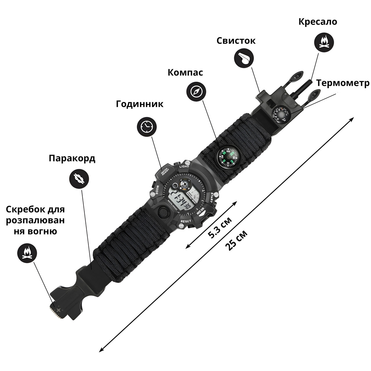Мужские наручные часы c водозащитой, компасом, свистком и огнивом (хаки) - фото 3 - id-p2044915799