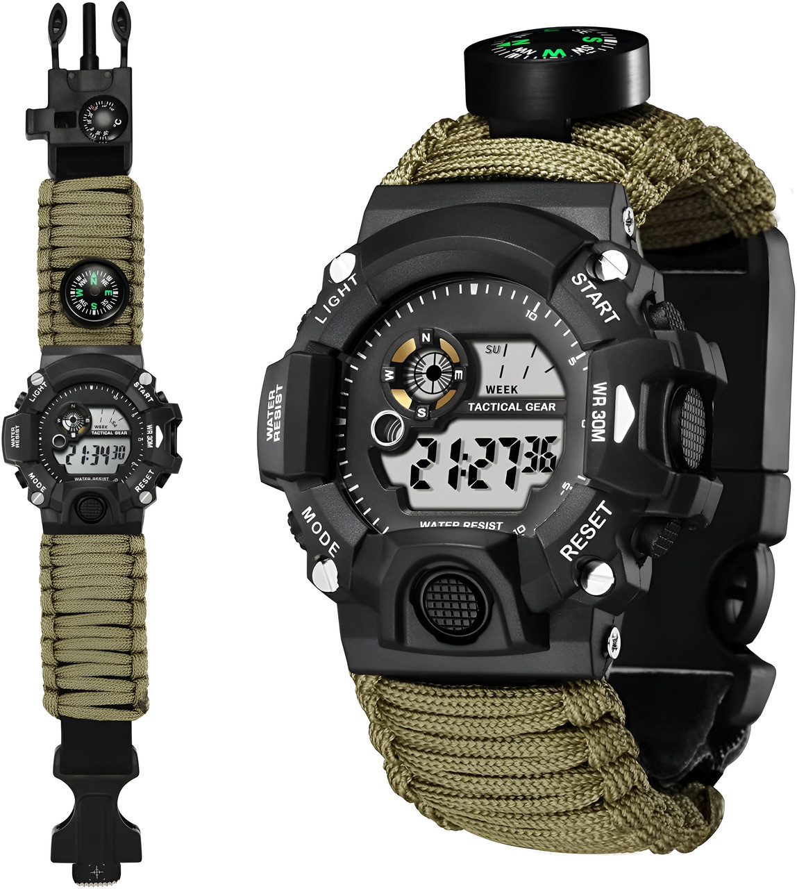 Мужские наручные часы c водозащитой, компасом, свистком и огнивом (хаки) - фото 5 - id-p2044915799