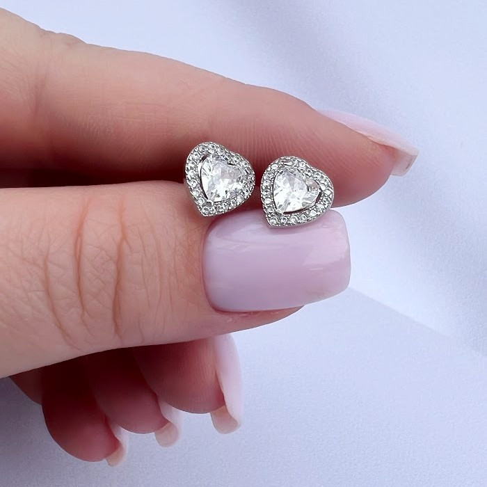 Сережки-вкрутки сердечки з розсипом білих фіанітів Хрупкость