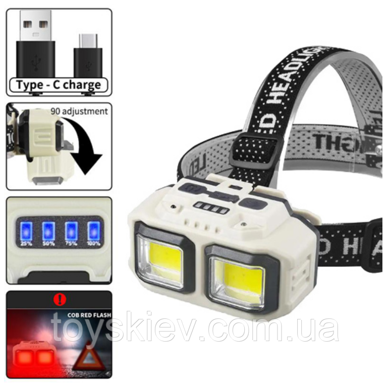 Ліхтар налобний HX-816S-2COB (white+red), Motion Sensor, Waterproof, 1x18650, ЗП Type-C, фото 1
