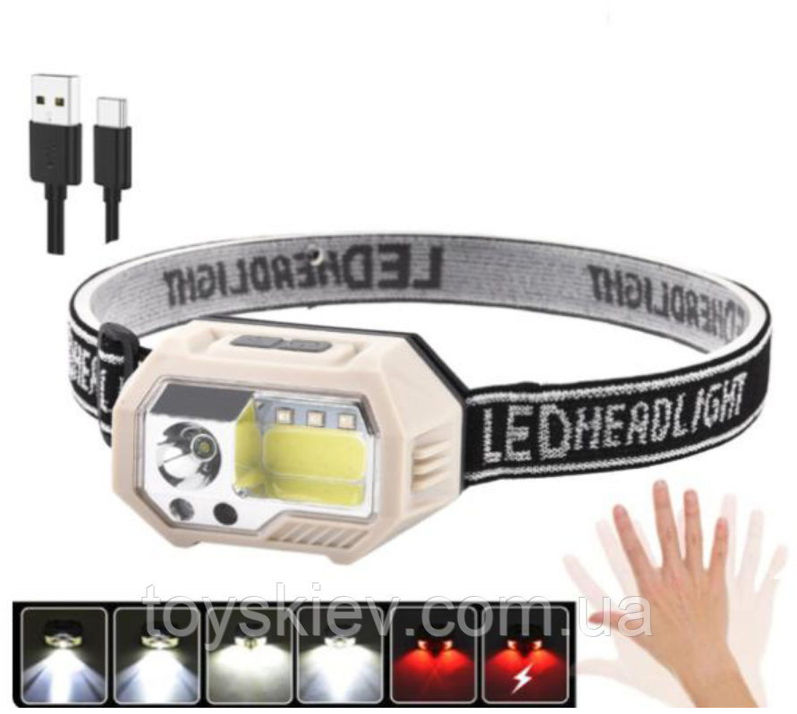 Налобний ліхтар SH-S9-XPE+COB+3SMD Червоний, Motion Sensor, вбудований акумулятор, ЗП Type-C, фото 1