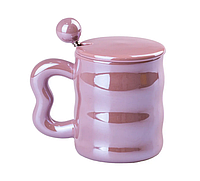 Чашка керамическая 400 мл Love с крышкой и ложкой, чашка розовая с ручкой в форме сердечка для девочки