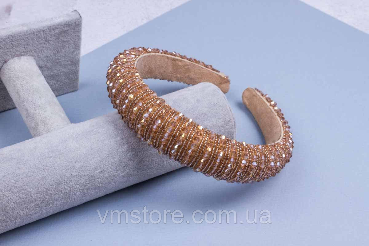 Обруч ошатний із кришталевими намистинами, бежевий обідок, фото 1