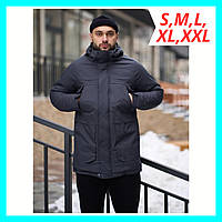 Зимняя мужская теплая длинная парка серого цвета, Стильная мужская куртка пуховик с капюшоном темно-серая зима