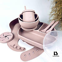 Комплект детской силиконовой посуды для первого прикорма Lukoshkino ® 9 предметов розовая пудра