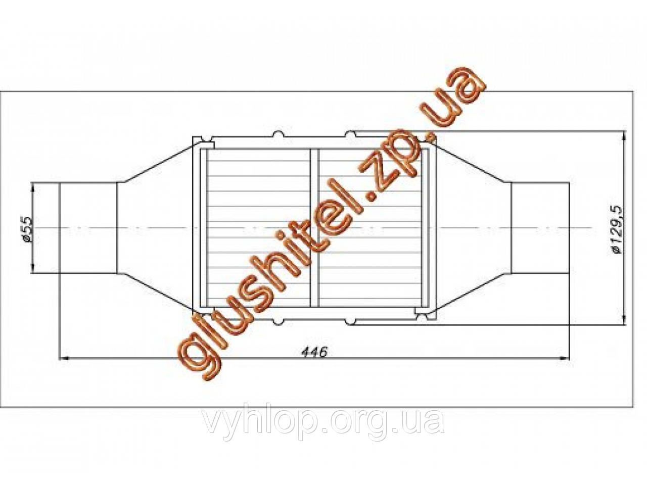 Каталізатор універсальний круглий 120.2134 В 3600 E3 (об'єм 2,8-3,6 л, діаметр входу 55 мм, довжина 446 мм,
