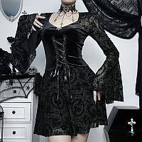 Готическое платье мини на шнуровке лентой с широкими рукавами, гипюр бархат, Черное Size S (факт.XS)