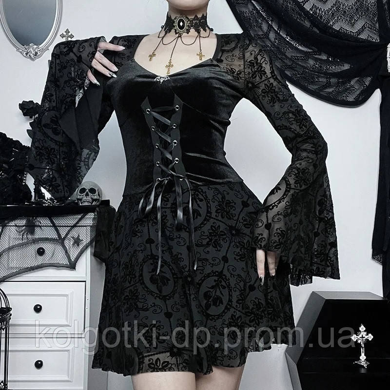 Готическое платье мини на шнуровке лентой с широкими рукавами, гипюр бархат, Черное Size L (факт.M) - фото 3 - id-p2045235268
