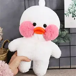 М'яка іграшка біла качечка Лалафанфан у шарфі окулярів кофті та із сумкою