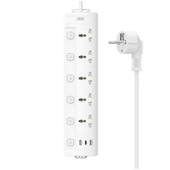 Подовжувач з USB 2 метри XO WL19 5 розеток 2USB Type-C 10A 250V White, фото 1