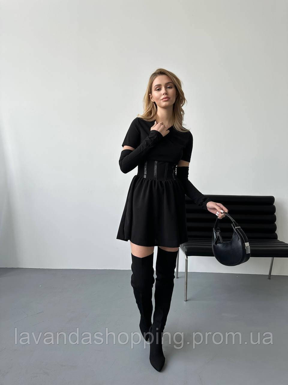 Стильное черное платье мини (креп дайвинг с кожаными вставками) - фото 3 - id-p2045218931