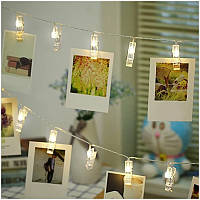 Гірлянда світлодіодна з прищіпками  20 шт., біла, USB +батарейка, 3 м