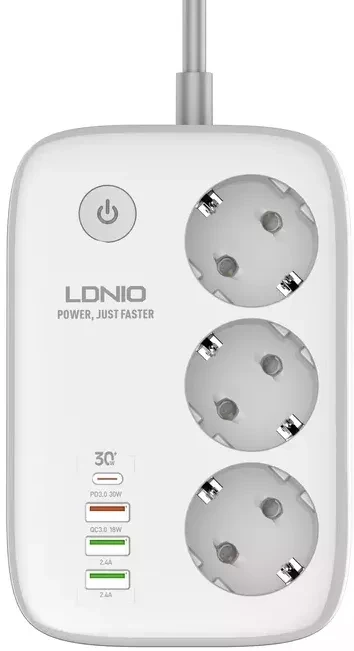 Мережевий фільтр-подовжувач LDNIO 3 розетки 2500 W 4 USB 30 W 2 м White (SEW3452)