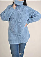 Теплый и уютный свитер крупной вязки в универсальном голубом цвете,р.L-XL