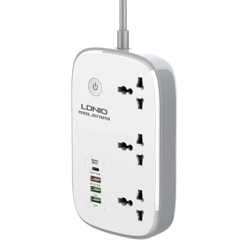 Мережевий фільтр-подовжувач LDNIO 3 розетки 2500 W 4 USB 30 W QC/PD 2 м White (SCW3451)