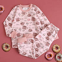 Теплая байковая пижама для девочки хлопчатобумажная с начесом розовая с кексами от ТМ Ladan
