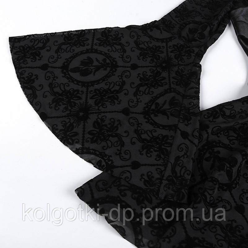 Готическое платье мини на шнуровке лентой с широкими рукавами, гипюр бархат, Черное Size L (факт.M) - фото 7 - id-p2045235268