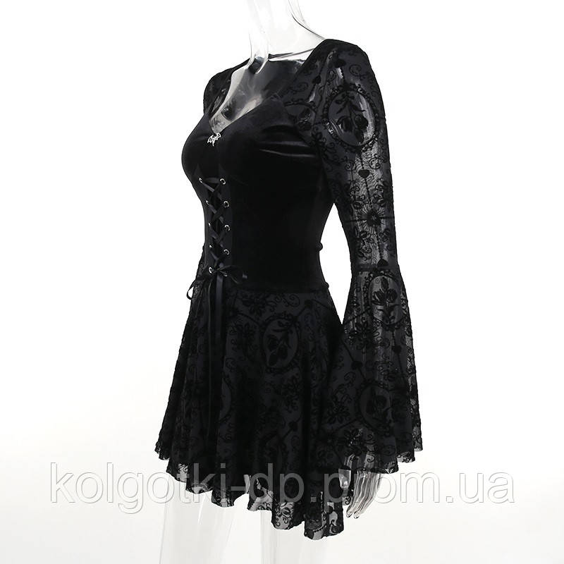 Готическое платье мини на шнуровке лентой с широкими рукавами, гипюр бархат, Черное Size L (факт.M) - фото 8 - id-p2045235268