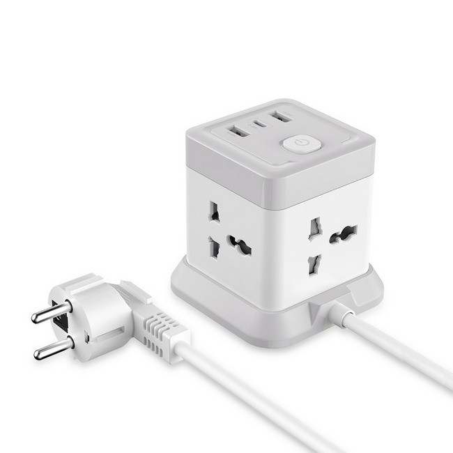 Подовжувач з USB 2 метри XO WL20 4 розеток 2USB Type-C 10A 250V White/Grey, фото 1