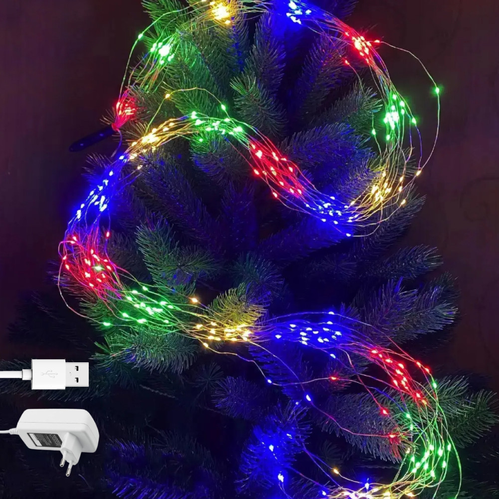 Гірлянда роса Кінський хвіст, 10 ниток по 2м, 200 LED, від USB та мережі 220В, статичний режим, IP44