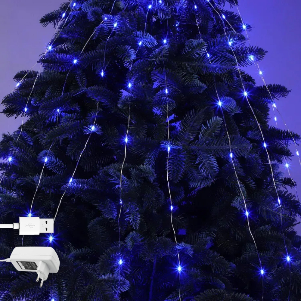 Гірлянда роса Кінський хвіст, 10 ниток по 2м, 200 LED, від USB та мережі 220В, статичний режим, IP44 Синій
