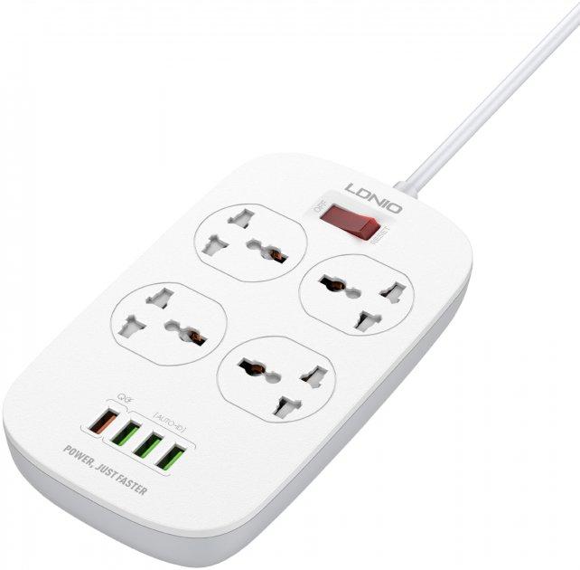 Мережевий фільтр-подовжувач LDNIO 4 розетки 2500 W 4 USB QC 3.0 3.4 A 2 м White (SC4407Q)