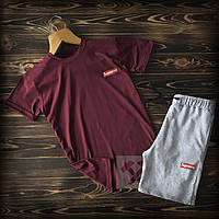 Чоловічий комплект футболка + шорти supreme бордового і сірого кольору (люкс) S
