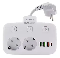 Мережевий фільтр-подовжувач LDNIO 2 розетки 2500 W 3 USB 1 Type-C White (SE2435)