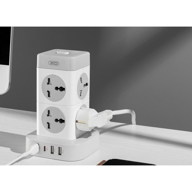 Подовжувач з USB 2 метри XO WL21 8 розеток 3USB Type-C 10А 250V White/Grey, фото 1
