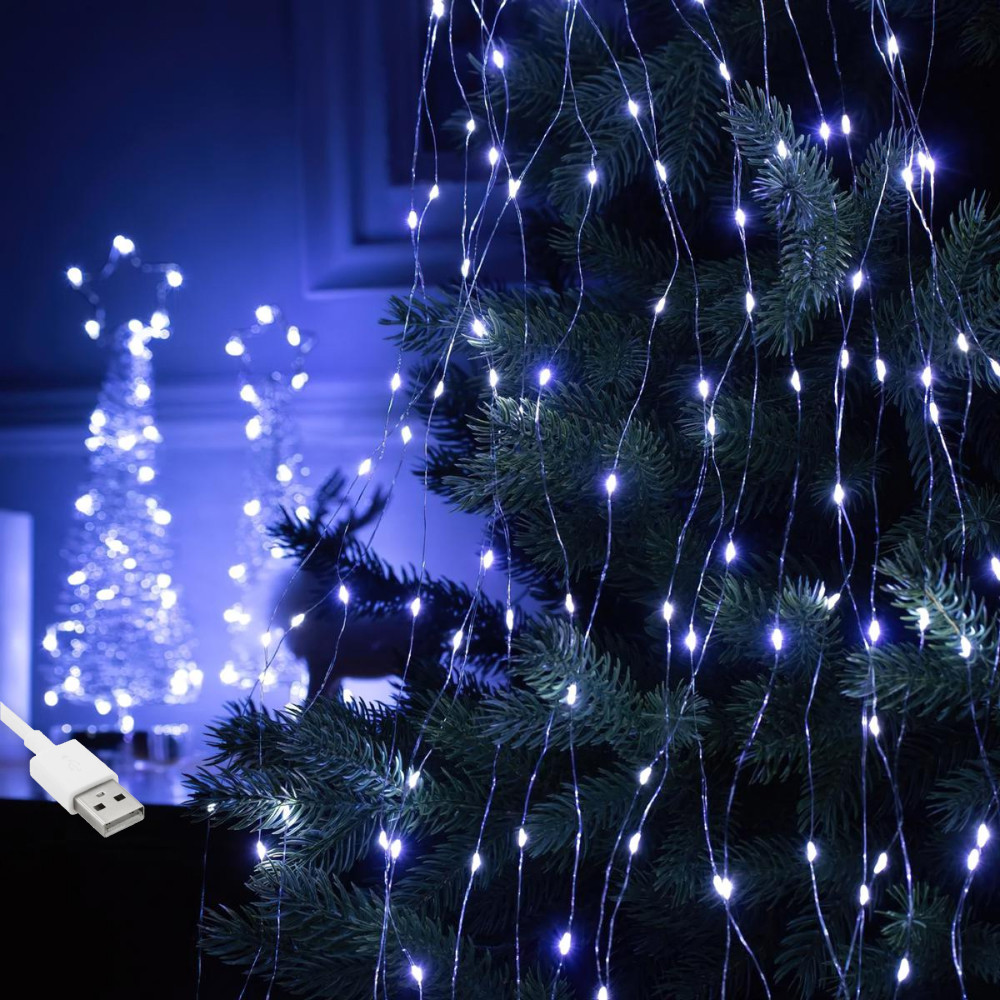 Гірлянда роса Кінський хвіст, 10 ниток по 2м, 200 LED, від USB, 8 режимів Синьо-білий
