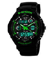 Мужские спортивные кварцевые часы черные Skmei S-Shock Green 0931 Nestore Чоловічий спортивний кварцовий