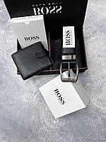 Ремень и кошелек мужской Подарочный набор Boss Ремень мужской Кошелек черный Nestore Пасок і кошельок