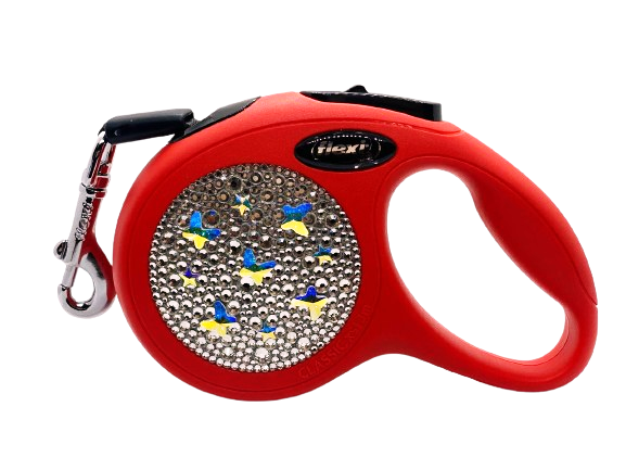 Повідець-рулетка в стразах для собак, зі стрічкою, розмір XS 3 м / 12 кг (Ручна робота) Flexi New Classic (червона)