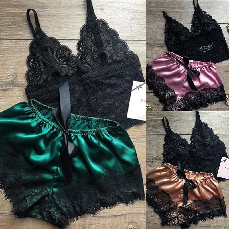 Піжама жіноча атласна з мереживом – комплект для сну з топом і шортами, стильний домашній одяг, подарунок для дівчини, фото 1