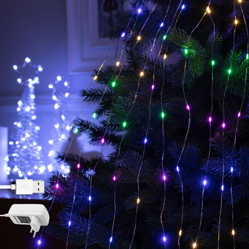 Гірлянда роса Кінський хвіст, 15 ниток по 2м, 300 LED, від USB та мережі 220В, статичний режим, IP44