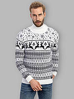 Зимний шерстяной мужской свитер с оленями, Белый, M, Под горло