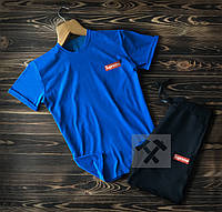 Чоловічий комплект футболка + шорти supreme синього і чорного кольору (люкс) S