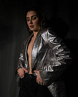 Женские серебряный пиджак сильвер блестящий на 1 пуговице 42-44 серебрянный