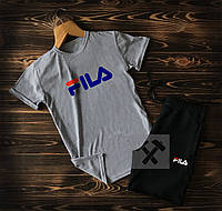 Чоловічий комплект футболка + шорти Fila сірого і чорного кольору (люкс) S