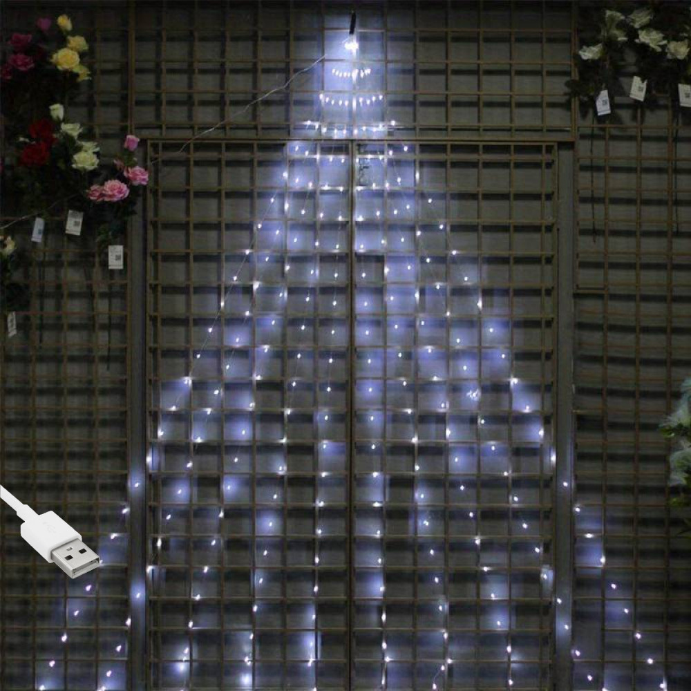 Гірлянда роса Кінський хвіст, 10 ниток по 2м, 200 LED, від USB, 8 режимів Холодний білий