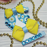Набір дитячих заколок для волосся в українському стилі (бант жовтий, бантик голубий, заколка блакитна)