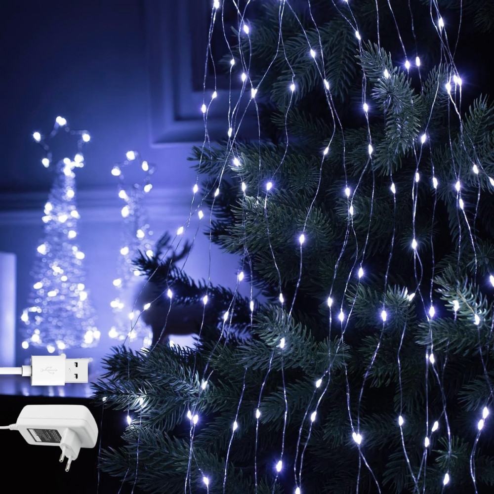 Гірлянда роса Кінський хвіст, 10 ниток по 5м, 500 LED, від USB та мережі 220В, статичний режим, IP44