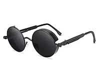 Сонцезахисні круглі окуляри чоловічі стімпанк чорного кольору з металевою оправою, стильні окуляри кругла