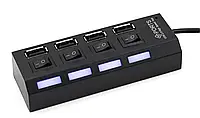 USB HUB 4 USB 2.0 с переключателями и подсветкой, разветвитель черного цвета 4 входа