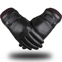 Мужские кожаные перчатки зимние черного цвета с сенсорными вставками, перчатки ветрозащитные