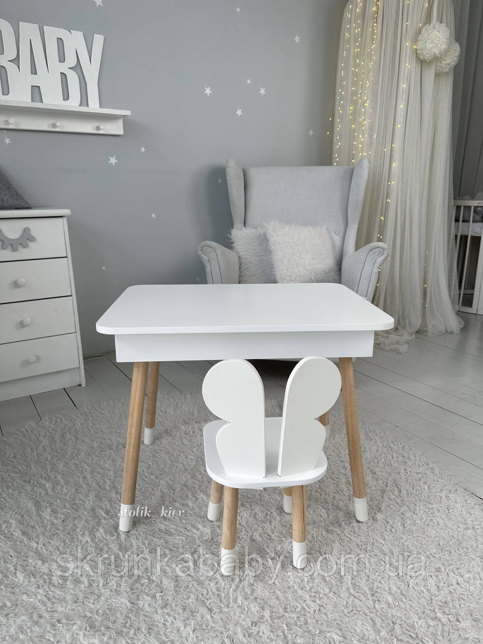 Дитячий столик і стільчик білий. Столик із шухлядою для олівців і розмальовок, фото 1