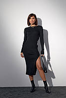 Силуэтное платье в рубчик с разрезом - черный цвет, S (есть размеры)