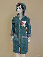 Халат махровый женский длинный c капюшоном на молнии, Welsoft (TM Zeron), Зеленный-M Турция