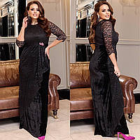 Вечернее черное бархатное платье длинное с кружевом большие размеры