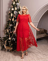 Вечернее роскошное красное платье длинное из сетки с флоком большие размеры